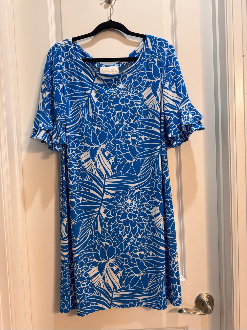 NWT Cappagallo Blue Floral Dress Large Bell 3/4 Sleeves Round Neck